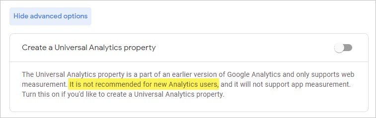 Advanced Options - for creating a Universal Analytics property.